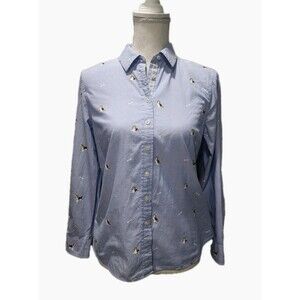 Talbots Blue Chambray Fetching Beagles Dogs Button Front Shirts Petite Sizes S